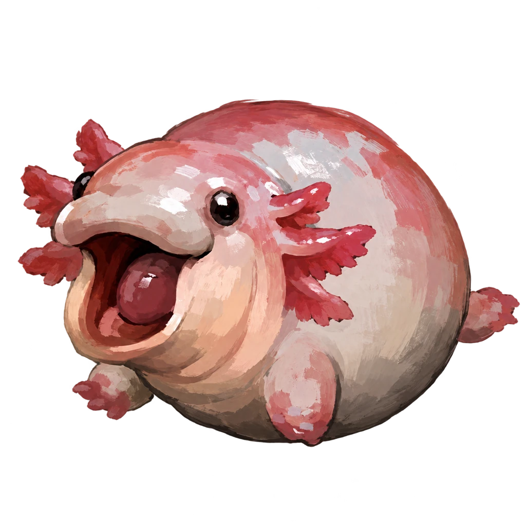 A happy painterly pink axolotl